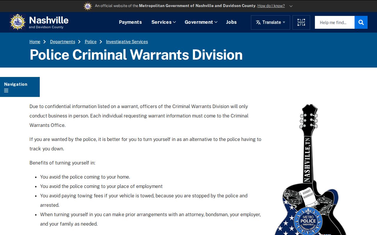 Davidson County criminal warrant record source at the MNPD Criminal Warrants Division
