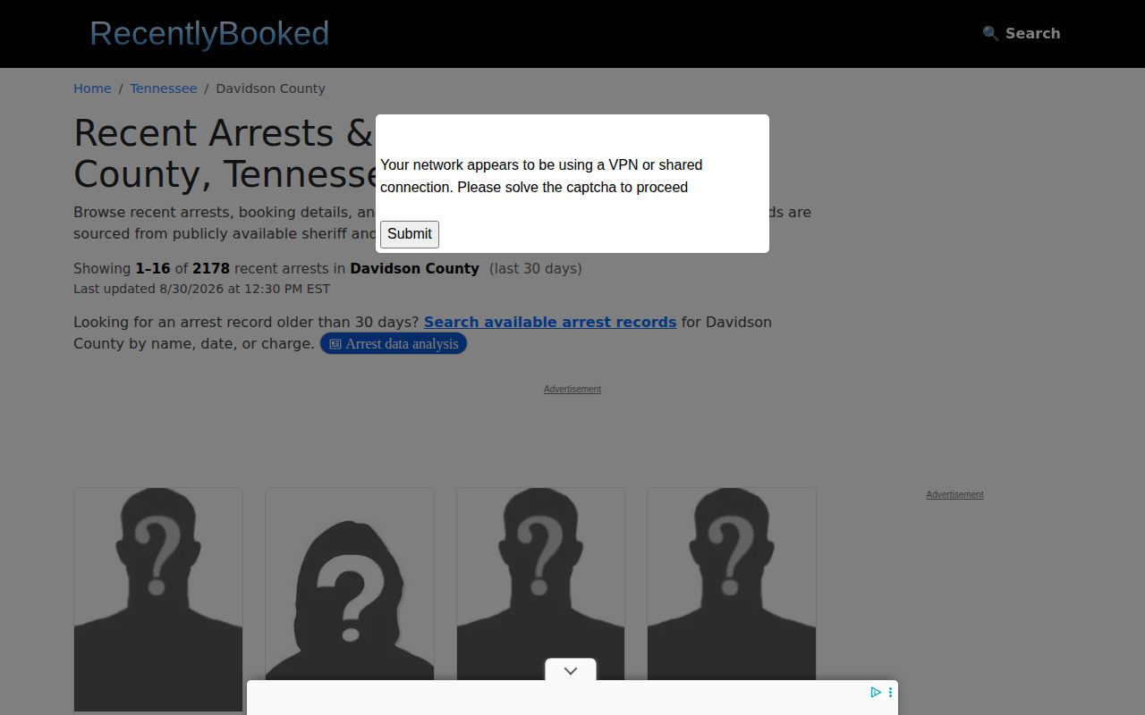 Davidson County unofficial recent booking resource interface