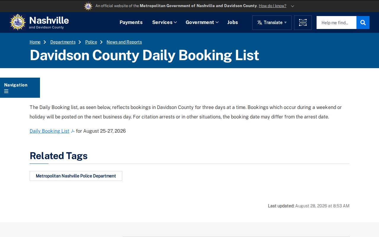 Davidson County Nashville booking record source at MNPD Daily Booking List